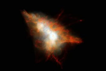 This rendering shows a snapshot from a cosmological simulation of a Lyman-alpha Blob similar to LAB-1. This simulation tracks the evolution of gas and dark matter using one of the latest models for galaxy formation running on the NASA Pleiades supercomputer. This view shows the distribution of gas within the dark matter halo, colour coded so that cold gas (mainly neutral hydrogen) appears red and hot gas appears white. Embedded at the centre of this system are two strongly star-forming galaxies, but these are surrounded by hot gas and many smaller satellite galaxies that appear as small red clumps of gas here. Lyman-alpha photons escape from the central galaxies and scatter off the cold gas associated with these satellites to give rise to an extended Lyman-alpha Blob.