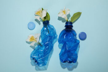 Top view of plastic bottles with flowers